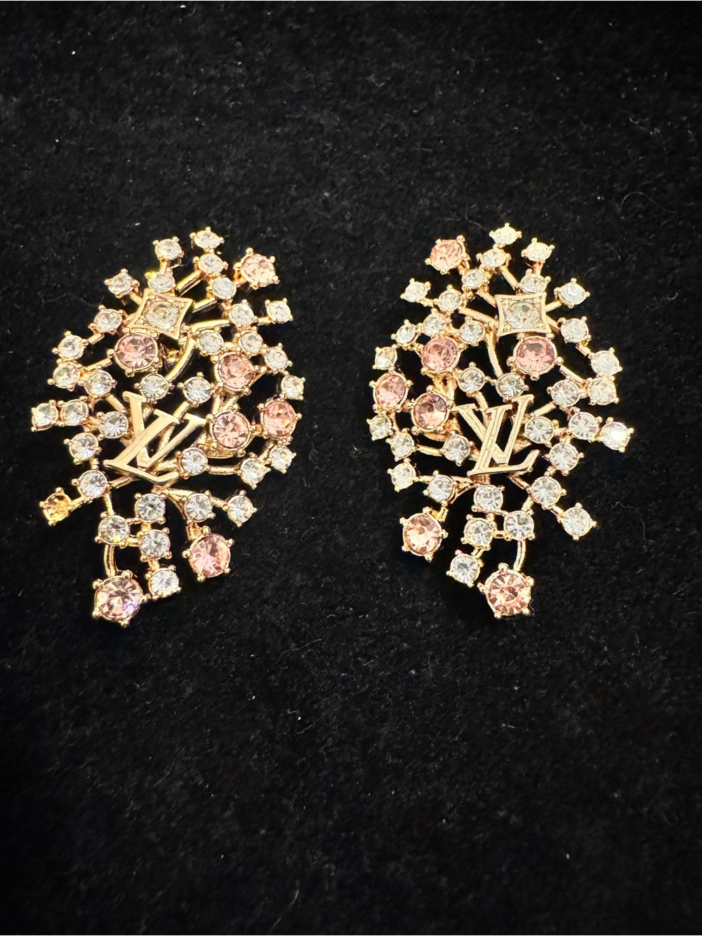 Louis Vuitton Gold Tone Pink Crystal Floral Cluster Earrings - Picture 2 of 7